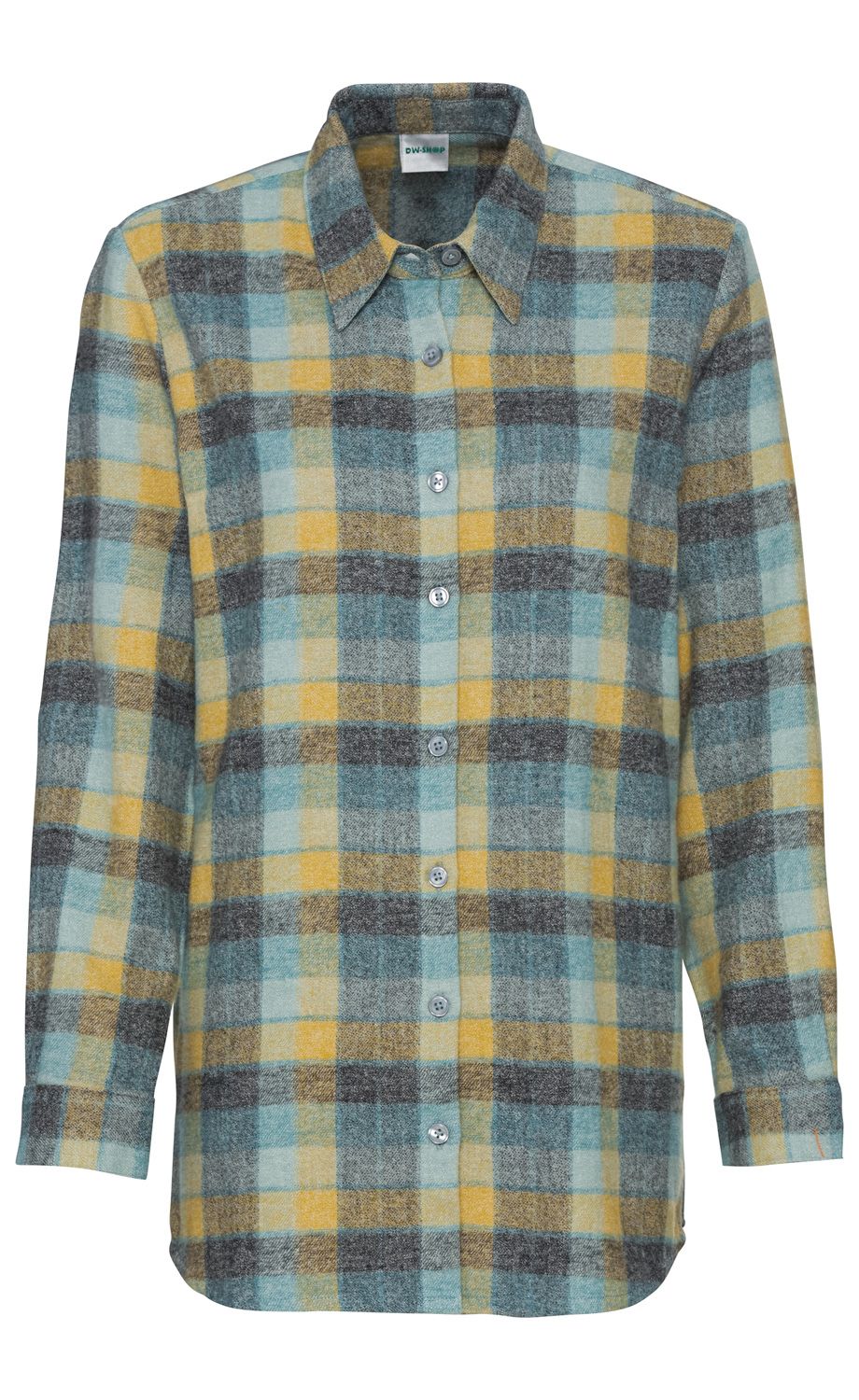 Baumwoll-Bluse in Karomuster mit Hellblau, Gelb und Dunkelgrau, langärmlig, mit Rundhalsausschnitt und Knopfleiste vorne, klassischer Hemdkragen, leichte Oversize-Passform