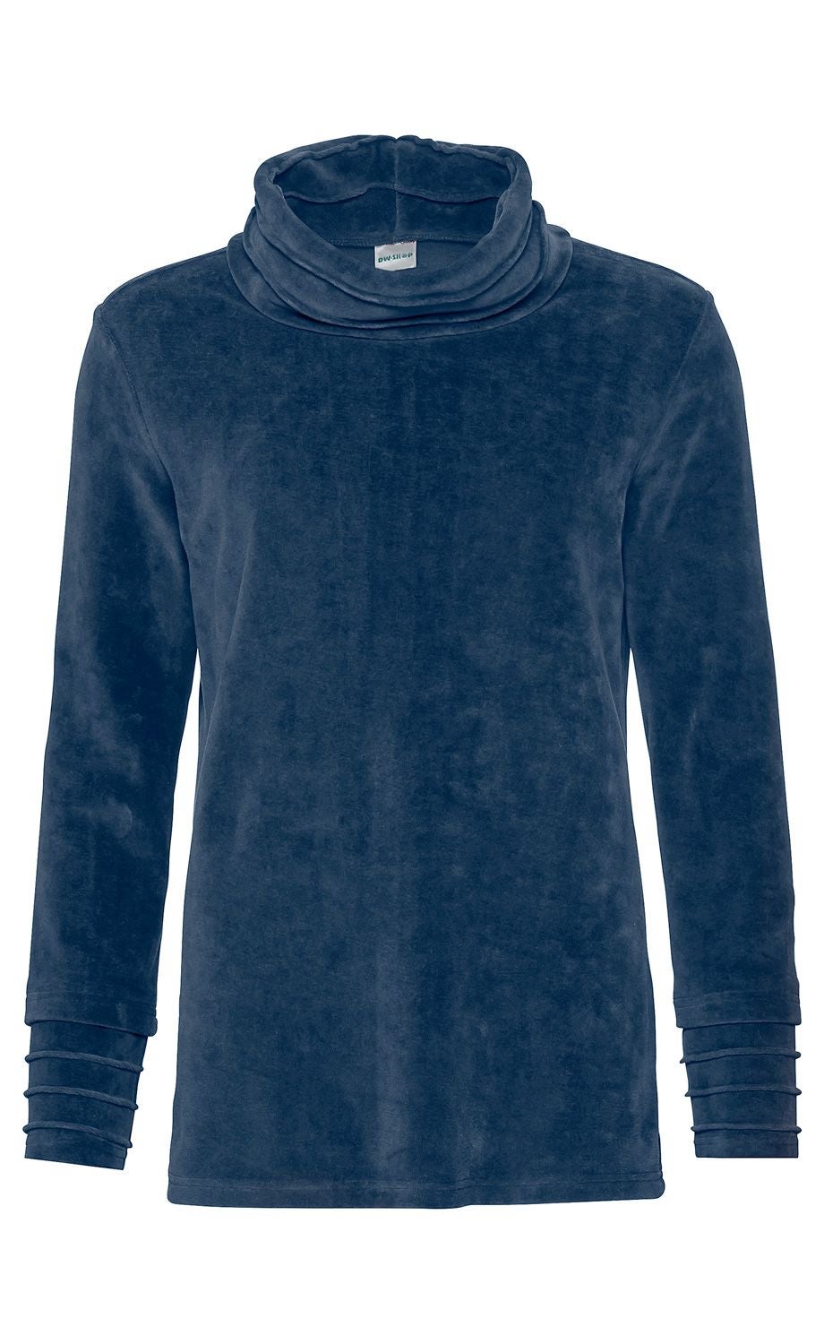 Dunkelblaues Baumwoll-Shirt mit langem Arm und hohem, locker fallendem Rollkragen, geradem Schnitt und dezenten Raffungselementen an den Ärmelenden, weiche samtige Oberfläche