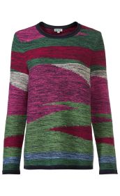 Baumwoll-Pullover mit langem Arm, Rundhalsausschnitt, mehrfarbigem abstraktem Muster in Pink, Grün, Burgunderrot, Grau und Blau, Feinstrick, gerade geschnitten, schwarzer Hals- und Saumabschluss