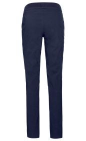 Dunkelblaue Viskose-Mix-Hose, gerade geschnitten, ohne sichtbare Taschen, elastischer Bund, glatter Stoff, Rückansicht, einfache Verarbeitung, leicht tailliert, knöchellanger Schnitt