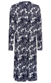 Baumwoll-Nachthemd, navyblau mit weißem floralen Muster, langärmlig, knielang, gerade geschnitten, Rückansicht.