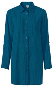 Viskose-Mix Bluse in Petrol mit Strukturmuster, durchgehender Knopfleiste, Hemdkragen, langen Ärmeln mit Riegel und Manschetten, gerade geschnitten und leicht verlängert