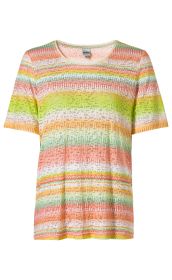Viskose-Mix-Shirt mit kurzem Arm, Rundhalsausschnitt, in mehrfarbigem Streifenmuster mit Orange-, Grün-, Gelb- und Cremetönen, feine Struktur, normale Passform