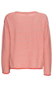 Baumwoll-Pullover, Rückansicht, langärmlig, dünne horizontale Streifen in Rot und Weiß, weiter Rundhalsausschnitt, lockere Passform, gerader Saum mit rotem Abschluss, leichter Stoff