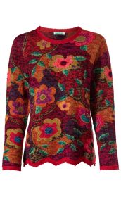 Alpaka-Pullover mit Rundhalsausschnitt, langärmlig, buntes Strickmuster in Rot-, Orange- und Brauntönen, verziert mit großen bunten Blumenmotiven, gezackter Saum und Bündchen in Rot, warme, weiche Textur