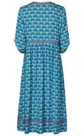 Viskose-Kleid, Rückansicht, blau-türkis gemustert mit floralen Motiven, 3/4-Ärmel, dunkler gemusterter Bund in der Taille, leicht ausgestellter Rock, dunkel gemusterter Abschluss am Saum und Ärmeln