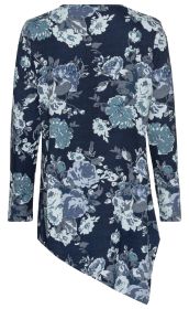 Baumwoll-Mix-Shirt mit asymmetrischem Saum, langärmlig, dunkelblau mit großem floralen Muster in verschiedenen Blautönen und Grau, Rückansicht.