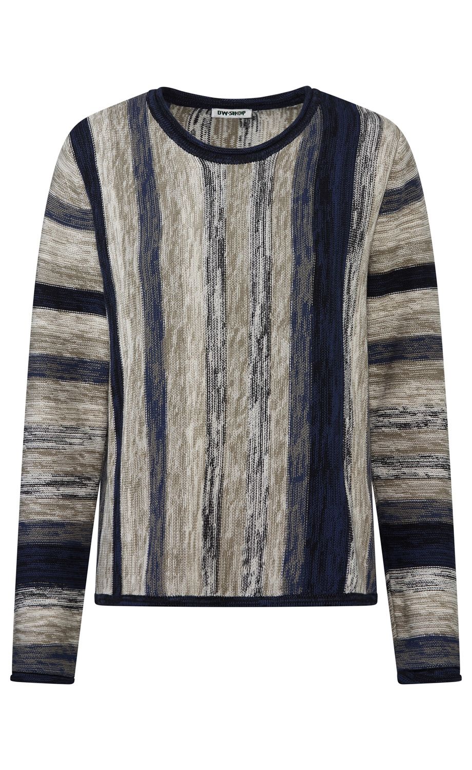 Langärmliger Strickpullover mit Rundhalsausschnitt, gemustert mit vertikalen und horizontalen Streifen in Blau-, Beige- und Grautönen, feine melierte Textur, locker geschnitten, ohne sichtbare Markenlogos außer innerem Etikett