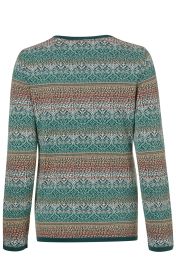 Baumwoll-Pullover mit langem Arm, Rückansicht, mehrfarbig in Grün, Beige und Rosa, mit floralen und geometrischen Mustern, Rundhalsausschnitt, enganliegend, feiner Strick