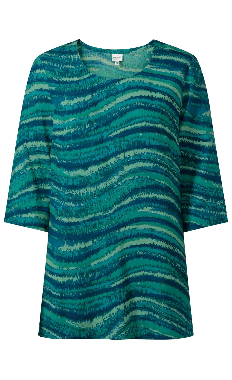 Viskose-Bluse in Blau- und Grüntönen mit wellenförmigem abstraktem Muster, Rundhalsausschnitt, halblangen Ärmeln, gerade geschnitten, locker fallend, leichte Struktur, Größe 38