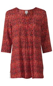 Viskose-Bluse mit 3/4-Ärmeln, rundem Halsausschnitt und Knopfleiste, rot-orange farbenes Muster aus kleinen Rauten in verschiedenen Farben, lockere Passform, seitliche Schlitze am Saum