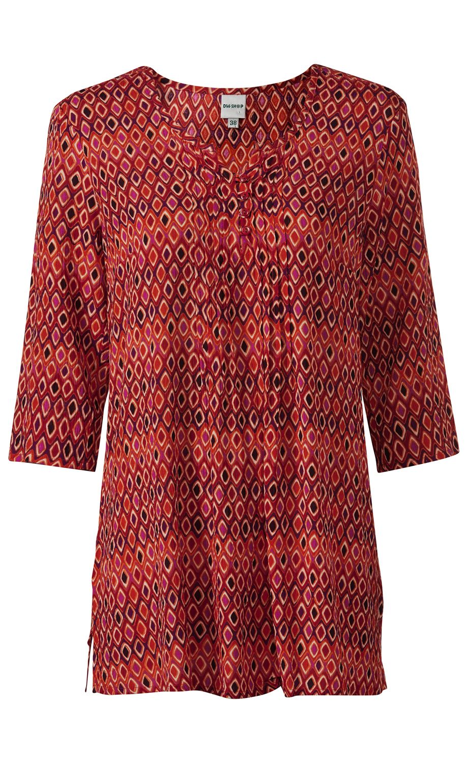 Viskose-Bluse mit 3/4-Ärmeln, rundem Halsausschnitt und Knopfleiste, rot-orange farbenes Muster aus kleinen Rauten in verschiedenen Farben, lockere Passform, seitliche Schlitze am Saum