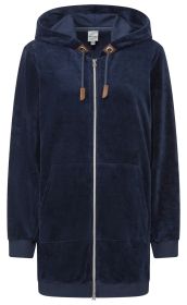 Dunkelblaue Samtjacke mit Kapuze, durchgehendem Reißverschluss, zwei frontalen Taschen, elastischen Bündchen an den Ärmeln, braunen Lederdetails an den Kordeln der Kapuze, knielang, ohne Muster.