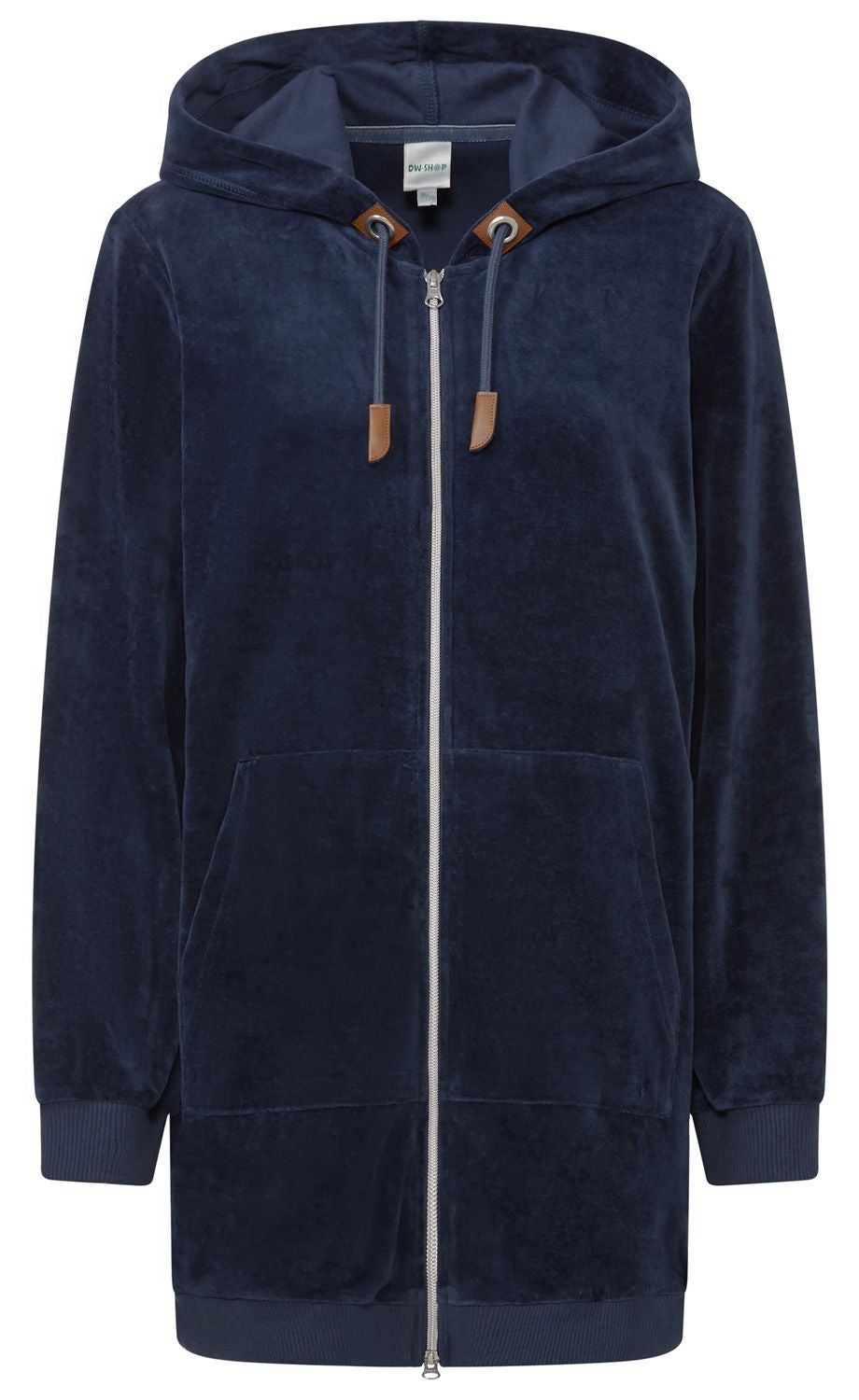Dunkelblaue Samtjacke mit Kapuze, durchgehendem Reißverschluss, zwei frontalen Taschen, elastischen Bündchen an den Ärmeln, braunen Lederdetails an den Kordeln der Kapuze, knielang, ohne Muster.
