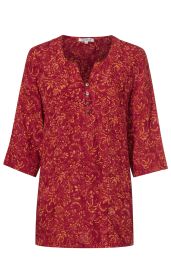 rote Viskose-Tunika mit orangefarbenem floralem Muster, drei Knöpfen am Rundhalsausschnitt, 3/4-Ärmeln und geradem Saum
