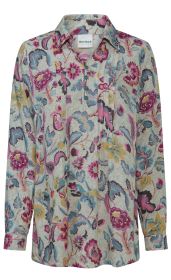 Langärmlige Bluse aus leichtem Stoff mit floralem Muster in Rosa, Blau, Gelb und Lila, V-Ausschnitt mit vier kleinen Knöpfen, umgeschlagener Kragen und Brustabnäher, lockere Passform