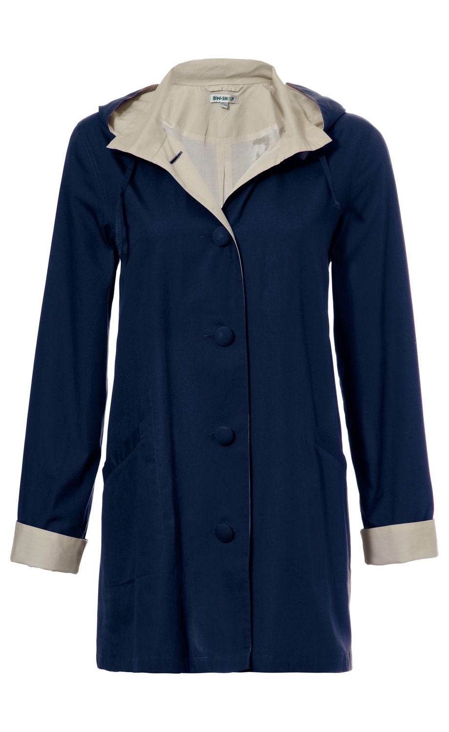 Baumwoll-Jacke in Dunkelblau mit heller, aufklappbarer Kapuze und Ärmelaufschlägen, durchgehender Knopfleiste mit vier Knöpfen, zwei Seitentaschen, mittellang, taillierter Schnitt