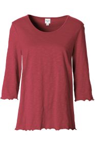 Damen Baumwoll-Shirt in Bordeauxrot mit 3/4-Ärmeln, Rundhalsausschnitt und wellenförmigen Abschlüssen an Ärmeln und Saum, leichte Melierung, Größe 38, Bio-Qualität