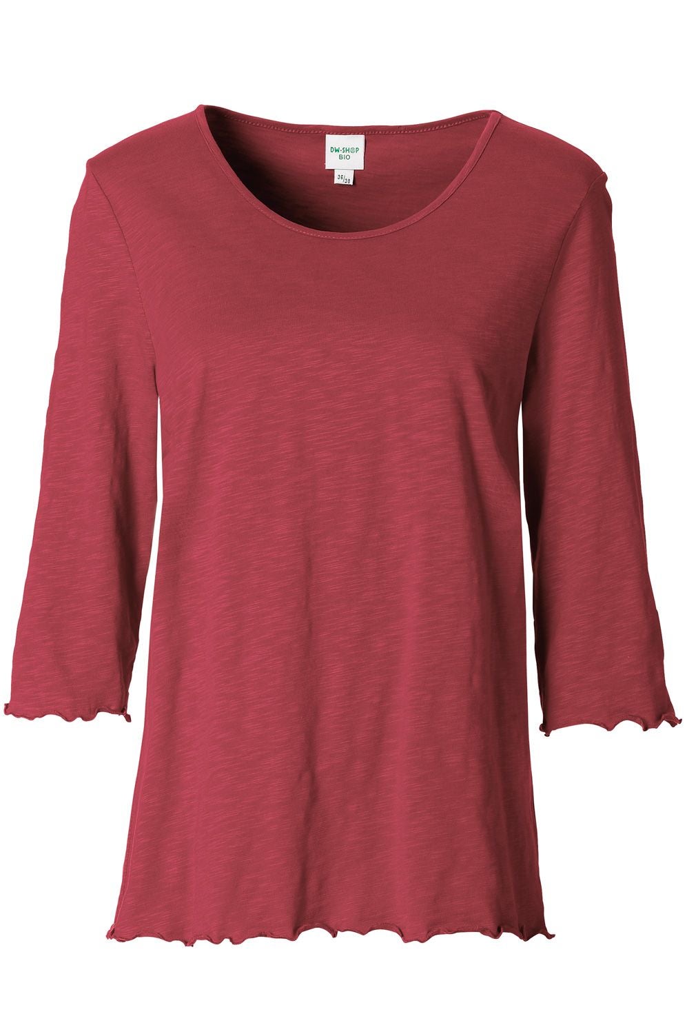 Damen Baumwoll-Shirt in Bordeauxrot mit 3/4-Ärmeln, Rundhalsausschnitt und wellenförmigen Abschlüssen an Ärmeln und Saum, leichte Melierung, Größe 38, Bio-Qualität