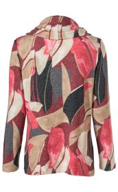 Rückansicht eines Viskose-Mix Shirts mit langem Arm, locker fallendem Kragen und abstraktem Muster in Rot-, Beige-, Schwarz- und Grautönen