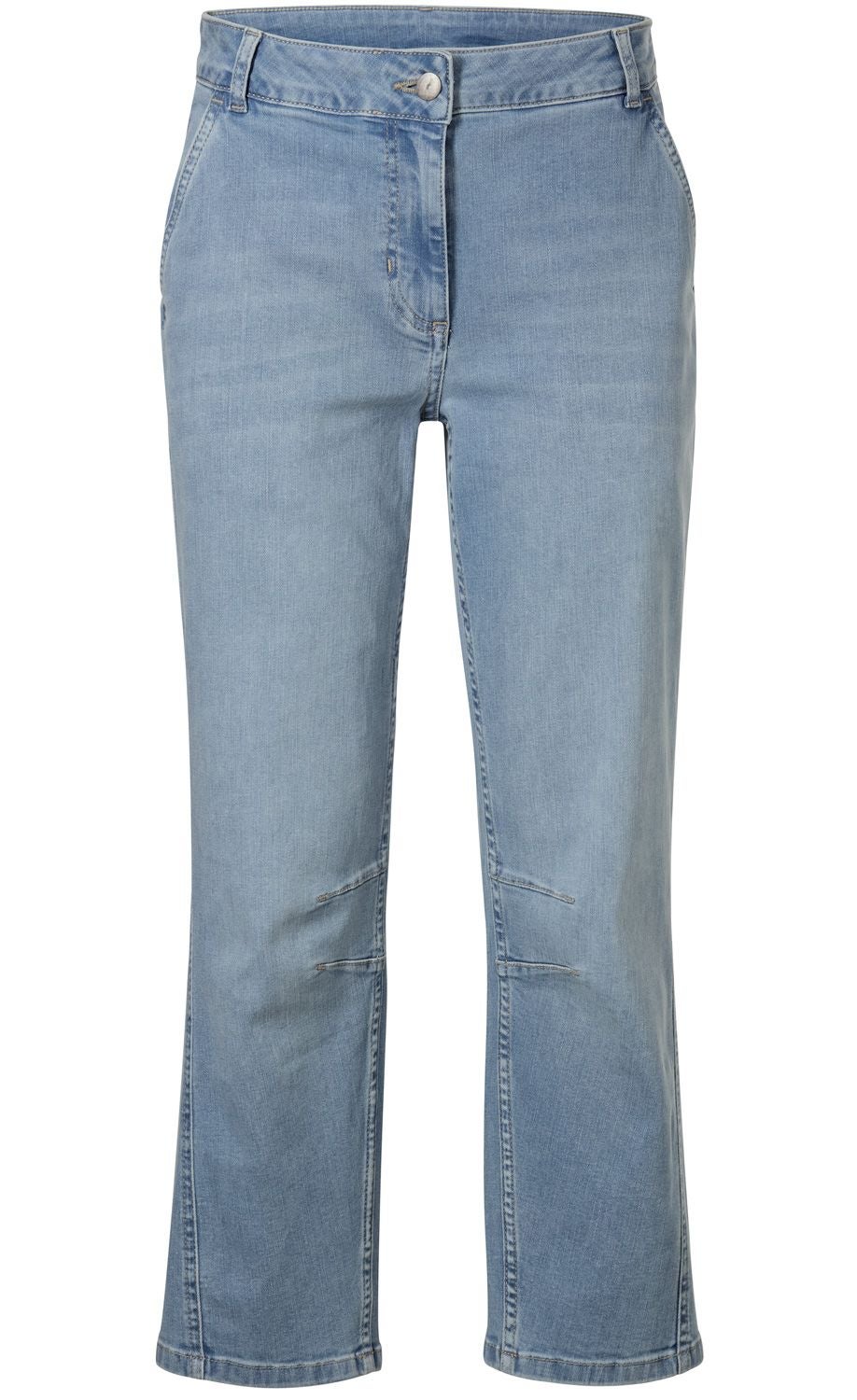 Baumwoll-Mix-Hose in hellblauer Denim-Optik, gerade geschnitten, mit Reißverschluss, Knopfverschluss, Gürtelschlaufen und zwei Seitentaschen, leicht ausgewaschen mit Detaillierungen an den Knien