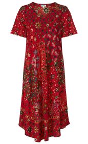 Rotes Viskose-Kleid mit kurzen Ärmeln, weit schwingendem Rock und buntem, floralen Paisley-Muster in Grün, Blau, Weiß und Orange, elegant und leicht, Größe 38, gerader Schnitt