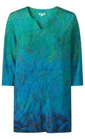 Damen Viskose-Mix-Shirt in Blau und Grün mit abstraktem Blätter-Muster, V-Ausschnitt, 3/4-Ärmeln, lockerer Passform, leichter Stoff, für Frühling und Sommer geeignet