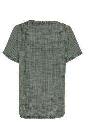 Baumwoll-Bluse in khaki mit kurzem Arm, rundem Ausschnitt, weichem, leicht strukturiertem Stoff und geradem Saum, Rückansicht