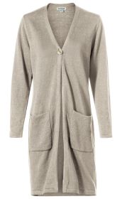Beige Leinen-Mix-Strickjacke mit V-Ausschnitt, langärmelig, einer Knopfleiste mit einem großen Knopf vorne, zwei aufgesetzten Taschen und geradem Saum, locker geschnitten, für Damen