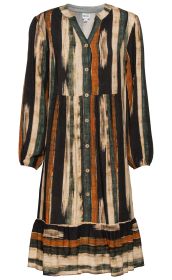 Langärmliges Viskose-Kleid mit Knopfleiste, gestufter Saum, gemustert mit breiten vertikalen Streifen in Schwarz, Beige, Grün und Orange, Rundhalsausschnitt mit kleinem V-Schlitz, elastische Ärmelbündchen.