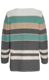 Baumwoll-Strickjacke, Rückansicht, mehrfarbig mit breiten horizontalen Streifen in Weiß, Türkis, Beige und Grau, grob gestrickt, lange Ärmel, gerade geschnitten, ohne sichtbare Verschlüsse, legerer Stil