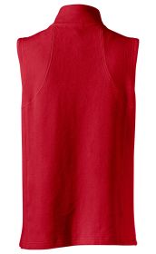 Rückansicht einer roten Baumwoll-Fleece-Weste mit Stehkragen, ohne Ärmel, schlichtem Design und sichtbaren Nähten an den Schultern und Seiten.