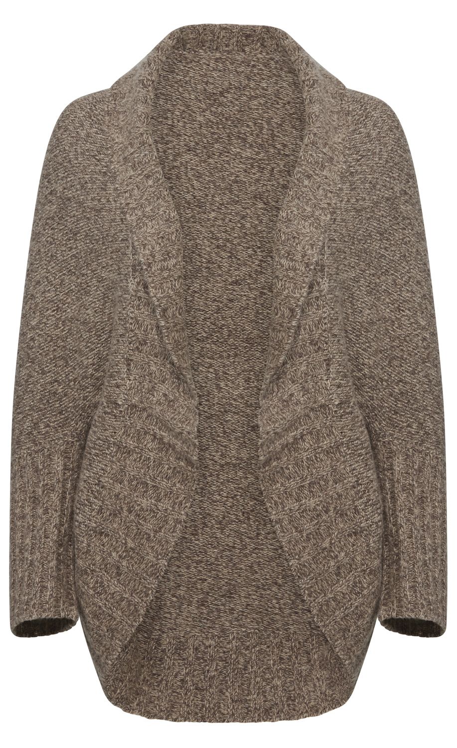 brauner grob gestrickter Cardigan mit Schalkragen und offenem Schnitt, mittellang, mit gerippten Ärmeln und Saum, weiche warme Strickjacke, unisex-Design
