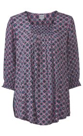 Viskose-Bluse mit 3/4-Ärmeln, kariertem Muster in Blau, Weiß und Rot, quadratischem Ausschnitt mit Raffung, elastischen Bündchen an den Ärmeln, lockerem Schnitt