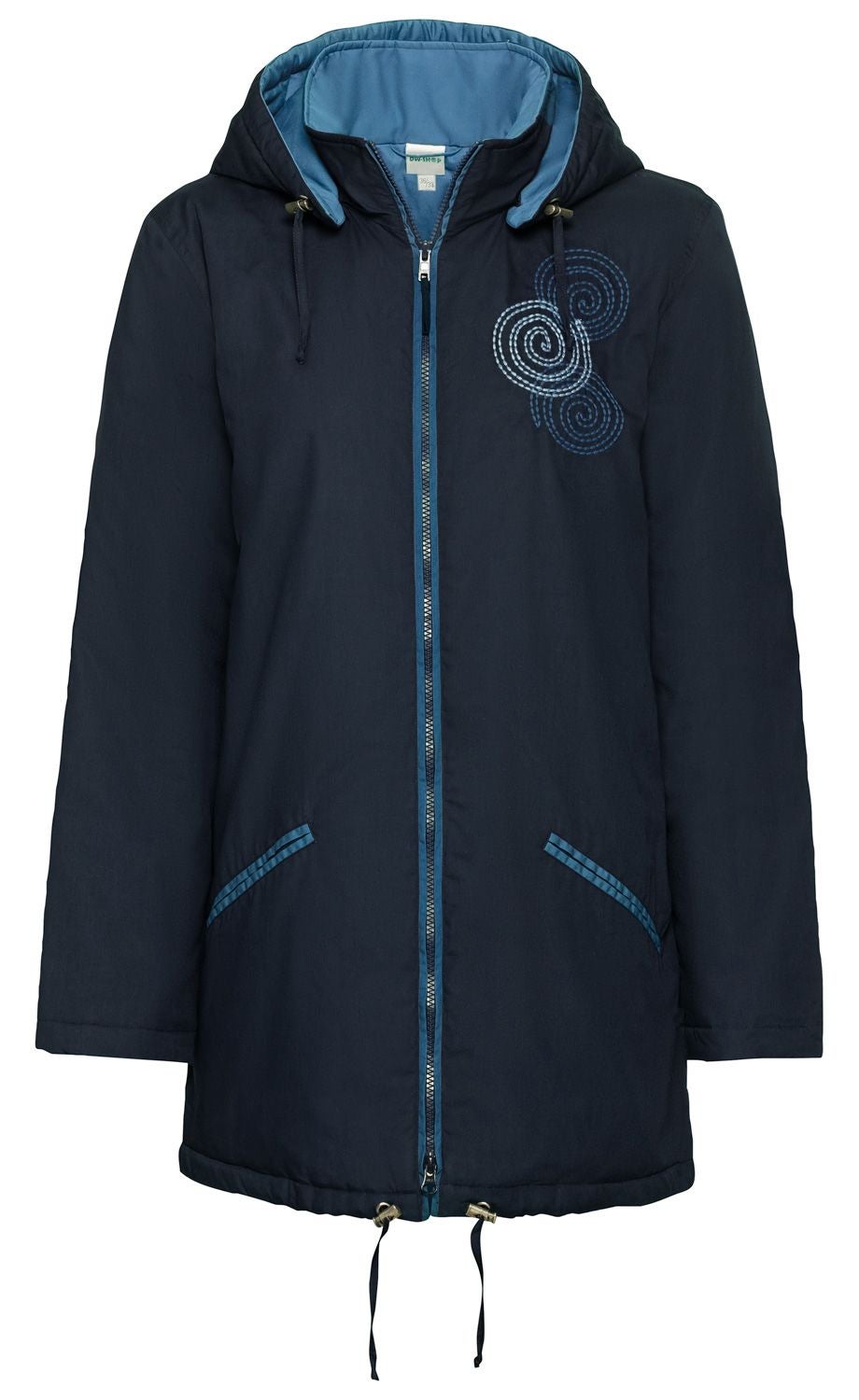 Dunkelblaue Baumwoll-Jacke mit Kapuze und blauem Innenfutter, Reißverschluss vorne, seitlichen Taschen mit blauen Details und spiralförmiger Stickerei auf der linken Brustseite, verstellbare Kordel am Saum.