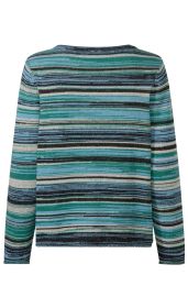 Baumwoll-Pullover, Rückansicht, langärmlig, gestrickt, mehrfarbige horizontale Streifen in Blau, Grün, Schwarz und Weiß, Rundhalsausschnitt, sommerliche Farbkombination, lockere Passform