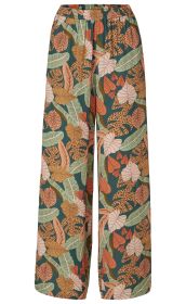 Viskose-Hose mit weitem Bein, elastischem Bund, grünem Hintergrund und buntem Blattmuster in Beige, Orange, Braun und Hellgrün