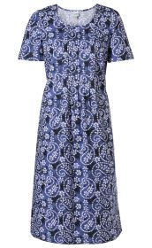 Blaues Baumwoll-Mix-Kleid mit kurzen Ärmeln, Rundhalsausschnitt und weißem, floral-paisley Muster, mit vertikalen Falten auf der Vorderseite, knielang, gerade geschnitten