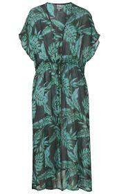 schwarzer Viskose-Kaftan mit grünem tropischem Blattmuster, V-Ausschnitt, kurzen Fledermausärmeln und Taillenzug mit Kordel, leicht transparent, knie- bis wadenlang