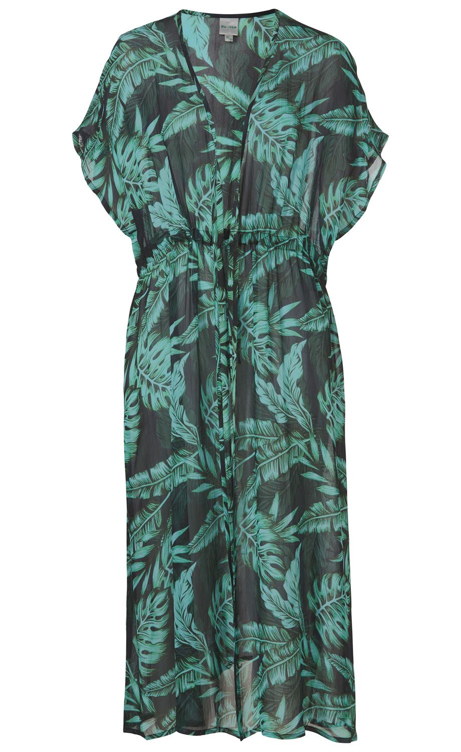 schwarzer Viskose-Kaftan mit grünem tropischem Blattmuster, V-Ausschnitt, kurzen Fledermausärmeln und Taillenzug mit Kordel, leicht transparent, knie- bis wadenlang