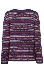 Alpaka-Pullover Rückansicht, gestrickt mit buntem fair isle Muster in Rot-, Blau- und Beigetönen, Rundhalsausschnitt, lange Ärmel, gemütlicher Wollpullover in sportlichem Stil