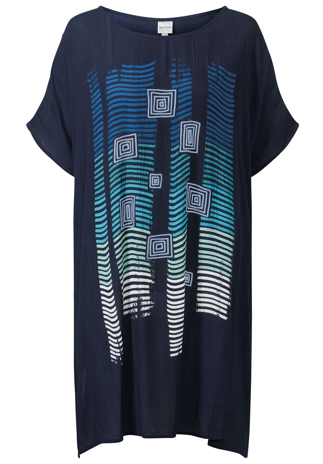 Dunkelblauer Viskose-Kaftan mit kurzen Ärmeln, Rundhalsausschnitt und abstraktem Muster aus blauen, türkisfarbenen und weißen Linien sowie weißen Quadratformen auf der Vorderseite