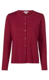 Leinen-Mix-Strickjacke in Dunkelrot mit Rundhalsausschnitt, durchgehender Knopfleiste und langen Ärmeln, schlichte und klassische Passform, weiche Struktur