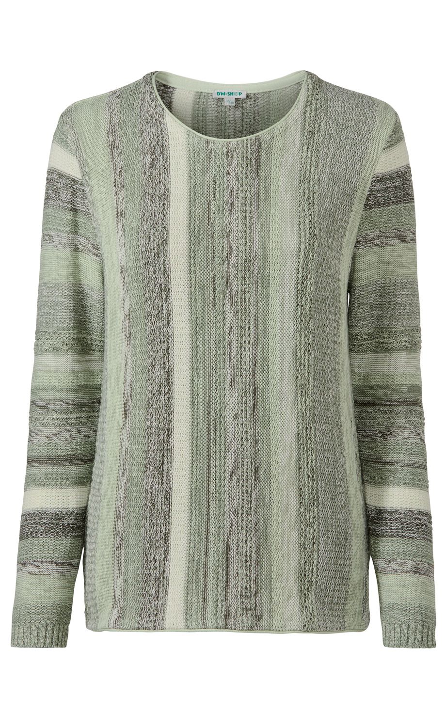Baumwoll-Pullover mit langen Ärmeln, Rundausschnitt, gestrickt in verschiedenen Grautönen und Musterstreifen, lockere Passform, strukturierte Oberfläche