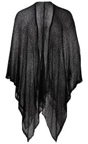 schwarze, transparente Viskose-Stola aus grobmaschigem, leicht fallendem Stoff, mit asymmetrischem Saum, hängend fotografiert vor weißem Hintergrund