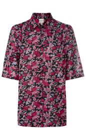 Damen Viskose-Mix-Bluse mit kurzem Arm, Knopfleiste, Stehkragen, florales Muster in Rosa, Dunkelrot und hellblau auf schwarzem Grund, lockere Passform