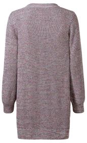 Rückansicht einer mehrfarbigen Baumwoll-Strickjacke mit langem Schnitt, Rundhalsausschnitt, langen Ärmeln und gerippten Bündchen am Ärmelabschluss und Saum, gestrickt in einem feinmaschigen Muster.