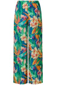 Viskose-Hose mit weitem Bein, elastischem Bund, türkisfarbenem Grund mit buntem tropischem Blumen- und Blättermuster in Gelb, Orange, Pink und Grün