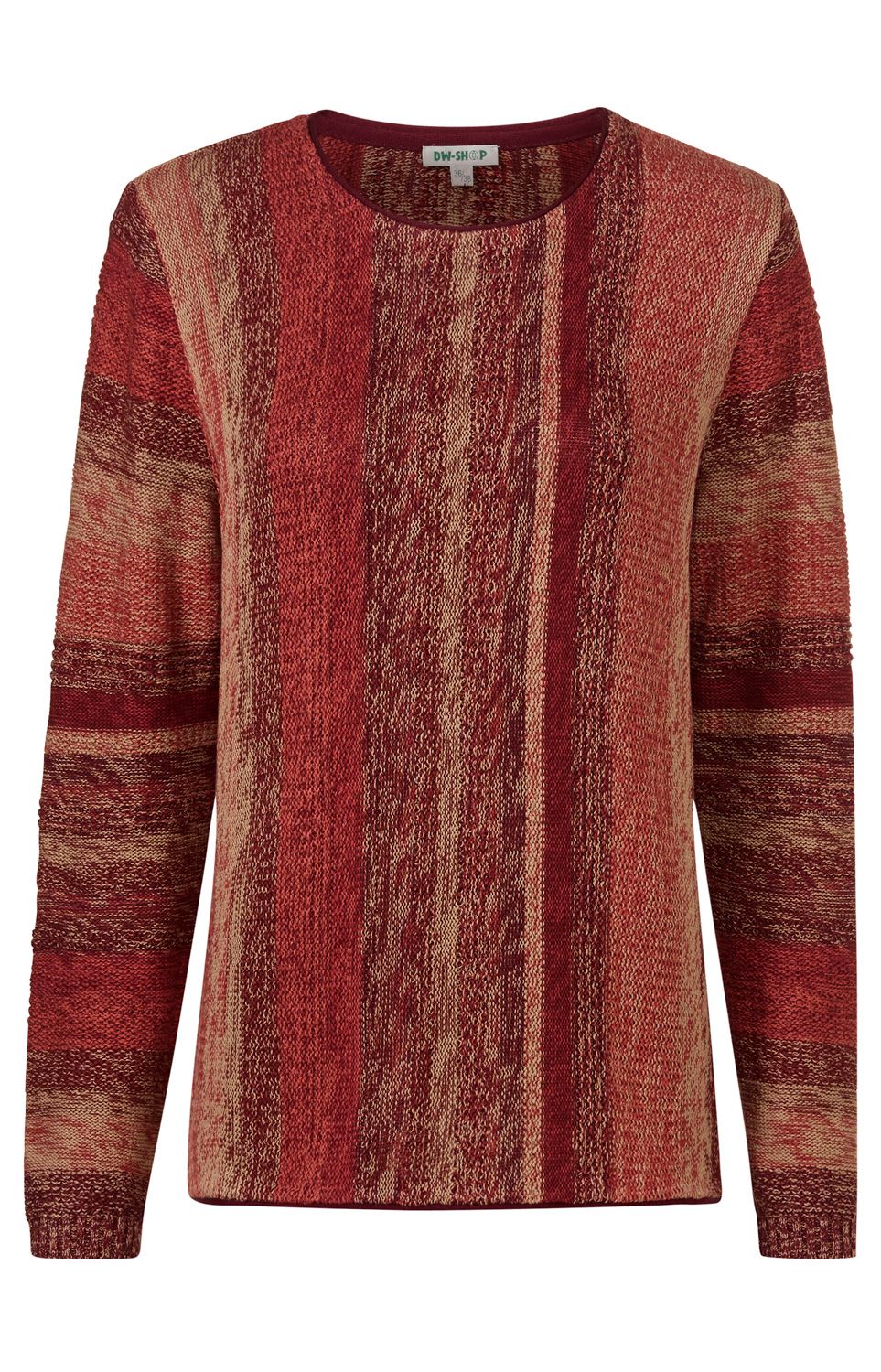 Baumwoll-Pullover mit langen Ärmeln, Rundhalsausschnitt, mehrfarbig in Rot- und Brauntönen mit vertikalen Streifen und Strickstruktur, lockere Passform.