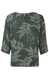 Dunkelgrüne Viskose-Bluse mit cremefarbenem, abstraktem Blattmuster, 3/4-Ärmeln, Rundhalsausschnitt, Knopfverschluss am Nacken und Ärmelsaum mit kleinem Knopf